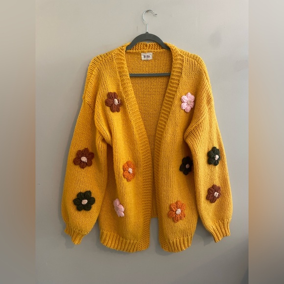 BiBi Sweaters - BIBI Mustard Yellow Cardigan Sweater with 3D Flowers